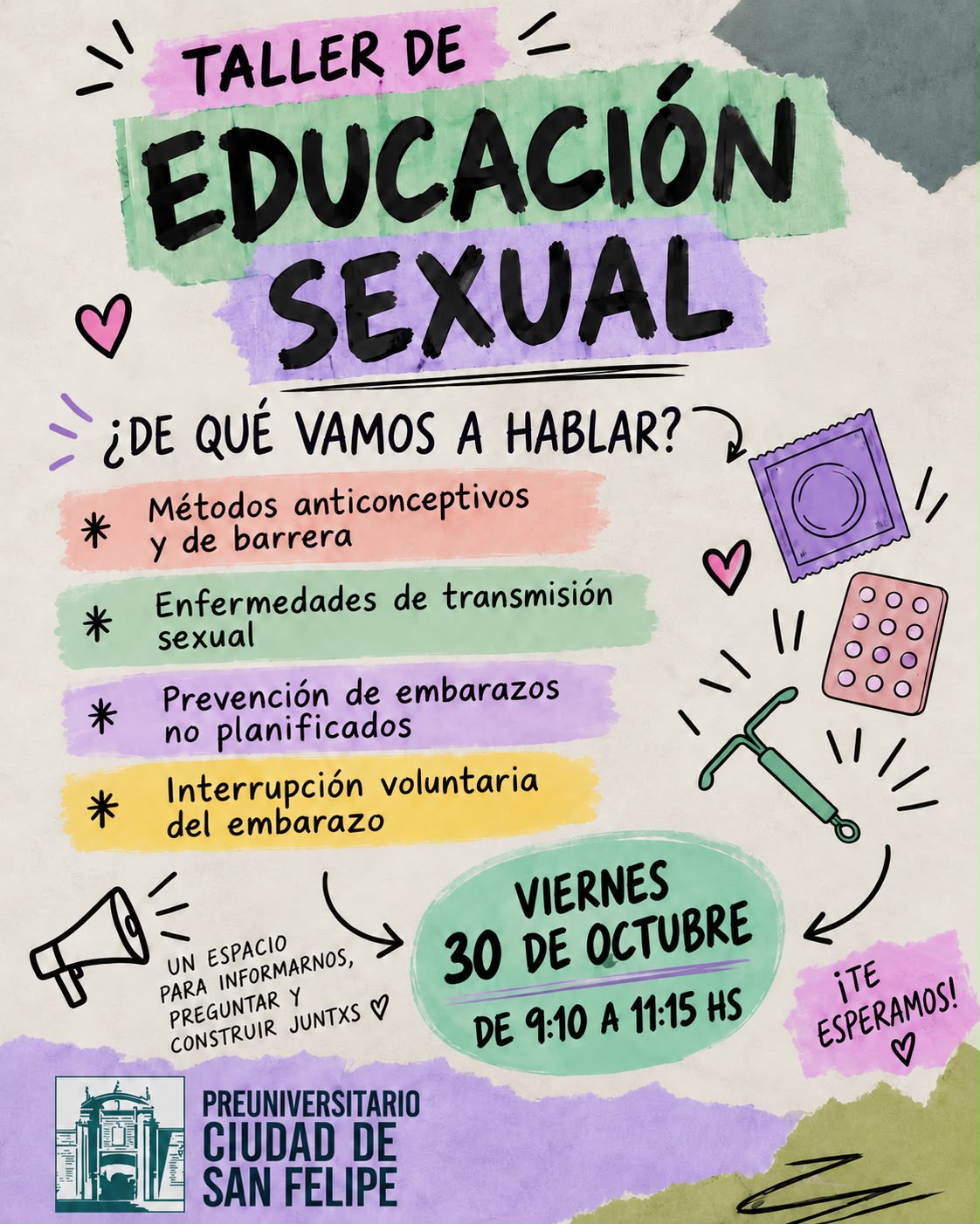 Afiche del Taller de Educación Sexual: viernes 30 de octubre, de 9:10 a 11:15 h